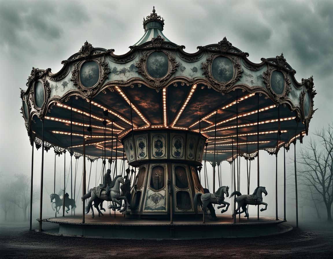 Gothic Abandoned Theme Park of Despair in Fog