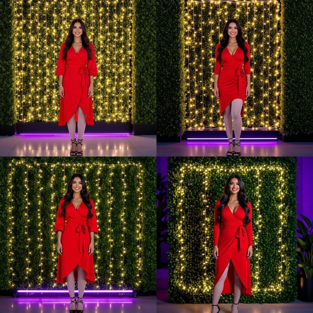 Smiling Woman in Red Dress Amidst Twinkling Fairy Lights