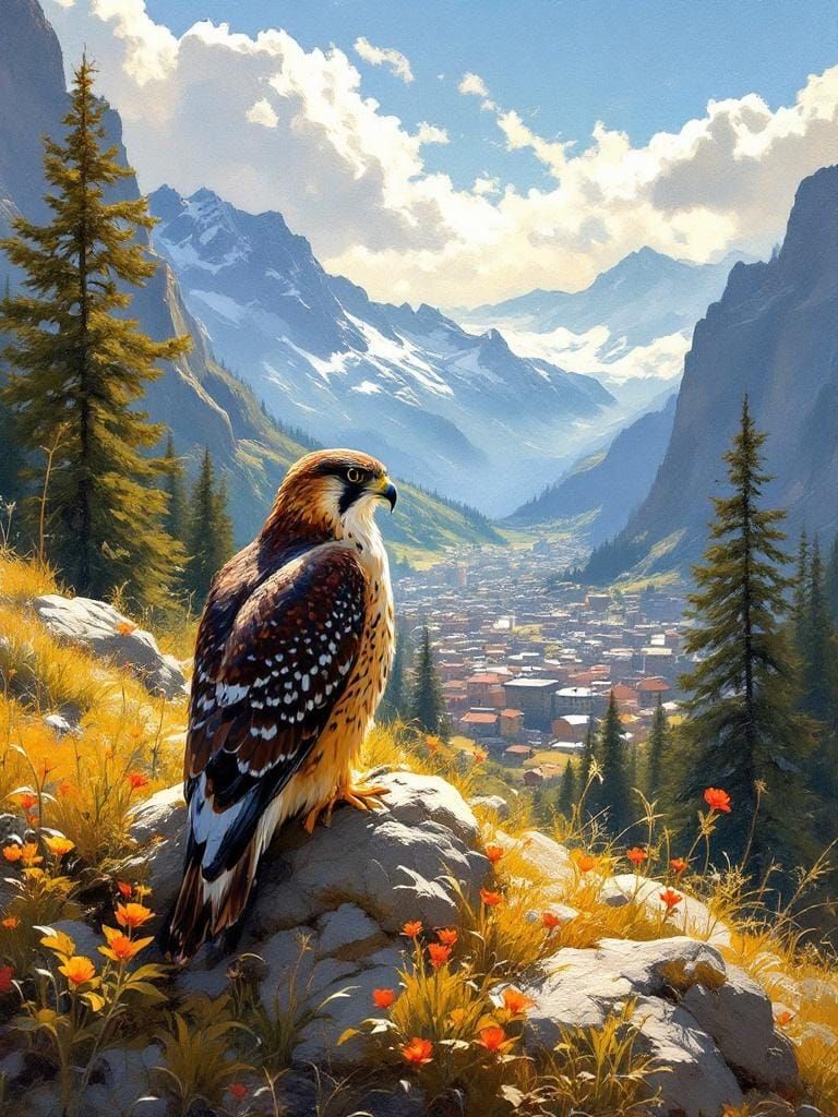 Falcon in Mountain Meadow: Encaustic Impressionism