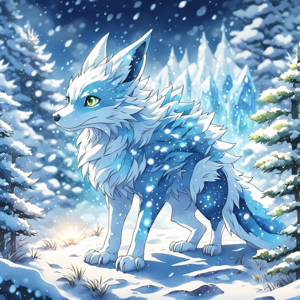 Icy Dragon Fox Hatchling in Vibrant Watercolor Style