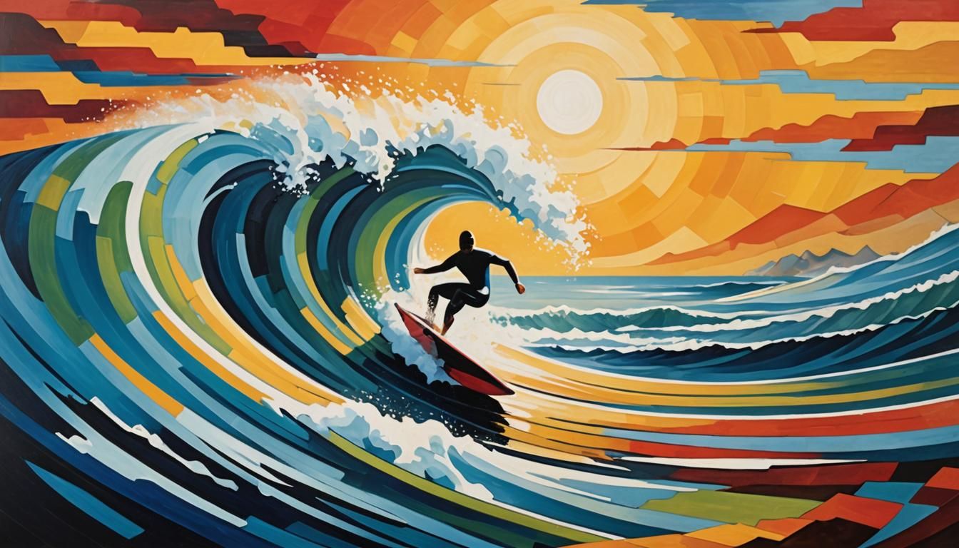 Cubist Surfer Riding a Wave Painting