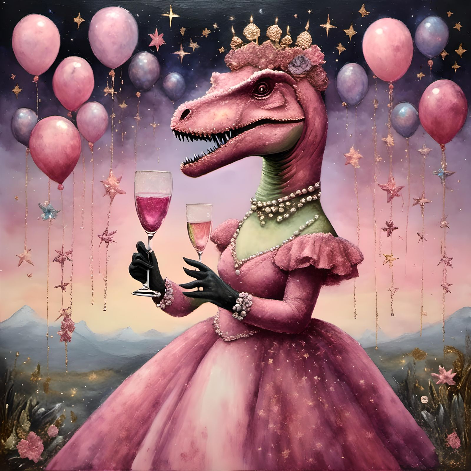 Pink T-Rex in Pop Surrealist Mixed Media Collage