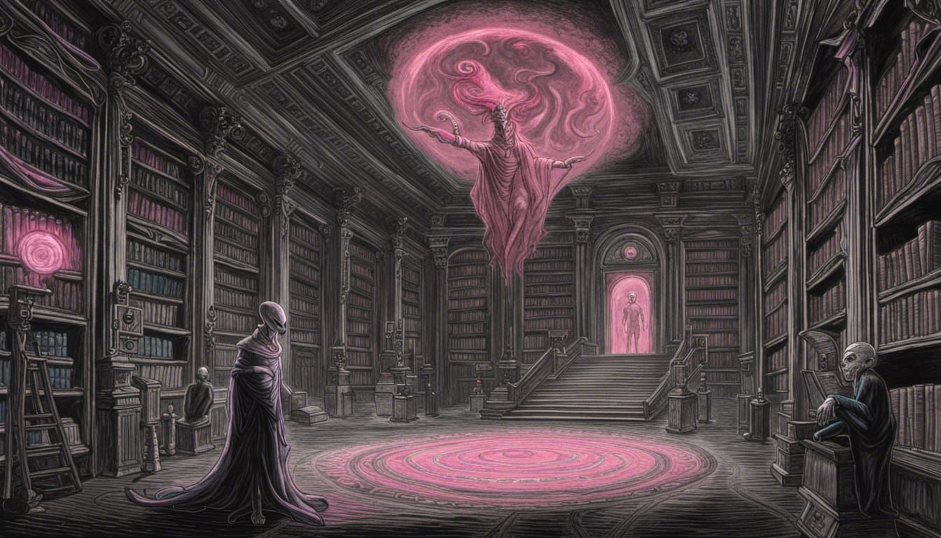Eldritch Alien God in Victorian Library, Synthwave Horror