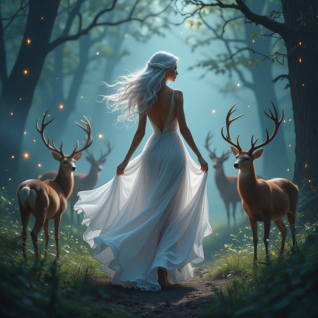 Graceful Woman in Magical Forest with Deer and Fairies