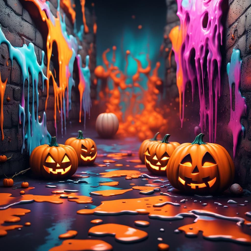 Halloween background for flyer, blender. 3D, 4k graffiti art, splash art, street art, spray paint, oil gouache melting,...