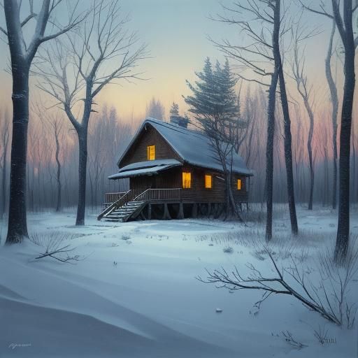 Snowy Cabin in Forest as Impressionistic Oil Painting
