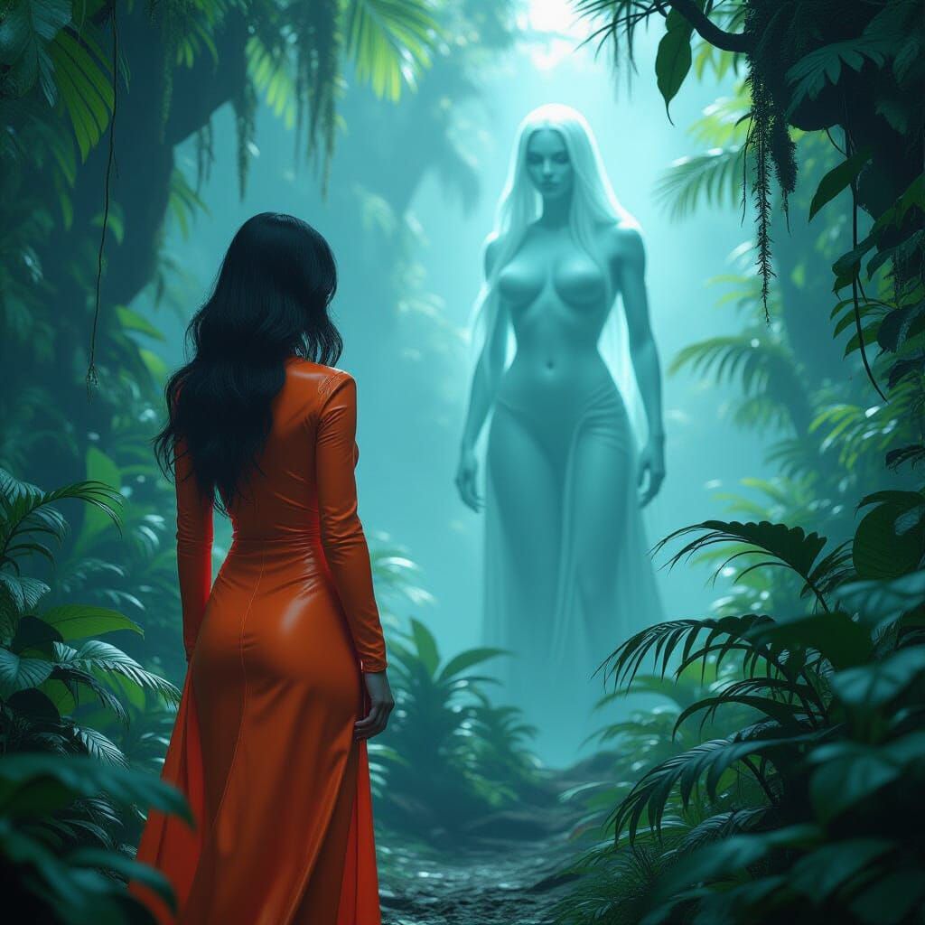 Jungle Encounter: Woman and Ghostly Amazon in Fantasy Art