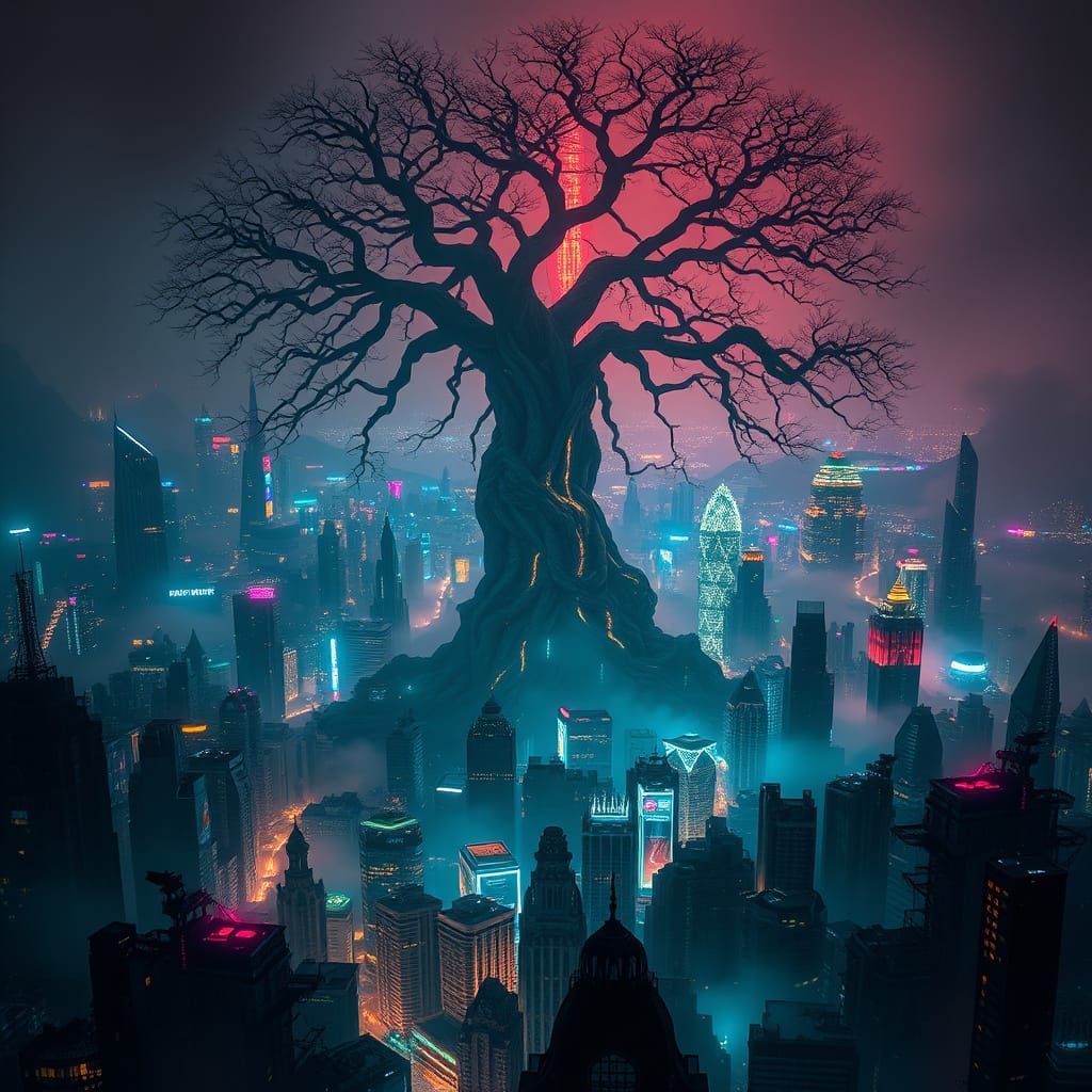 Cyberpunk Cityscape with Ancient Tree and Mystical Architect...