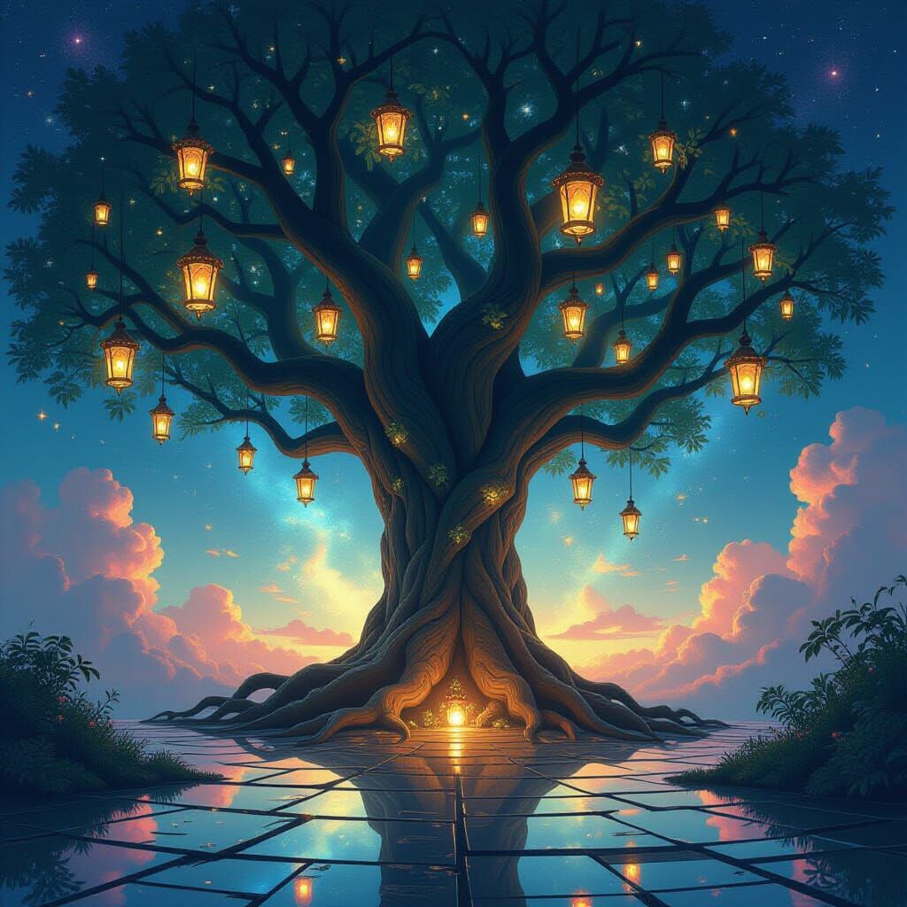 Ancient Cosmic Tree with Ethereal Lanterns in Starry Void