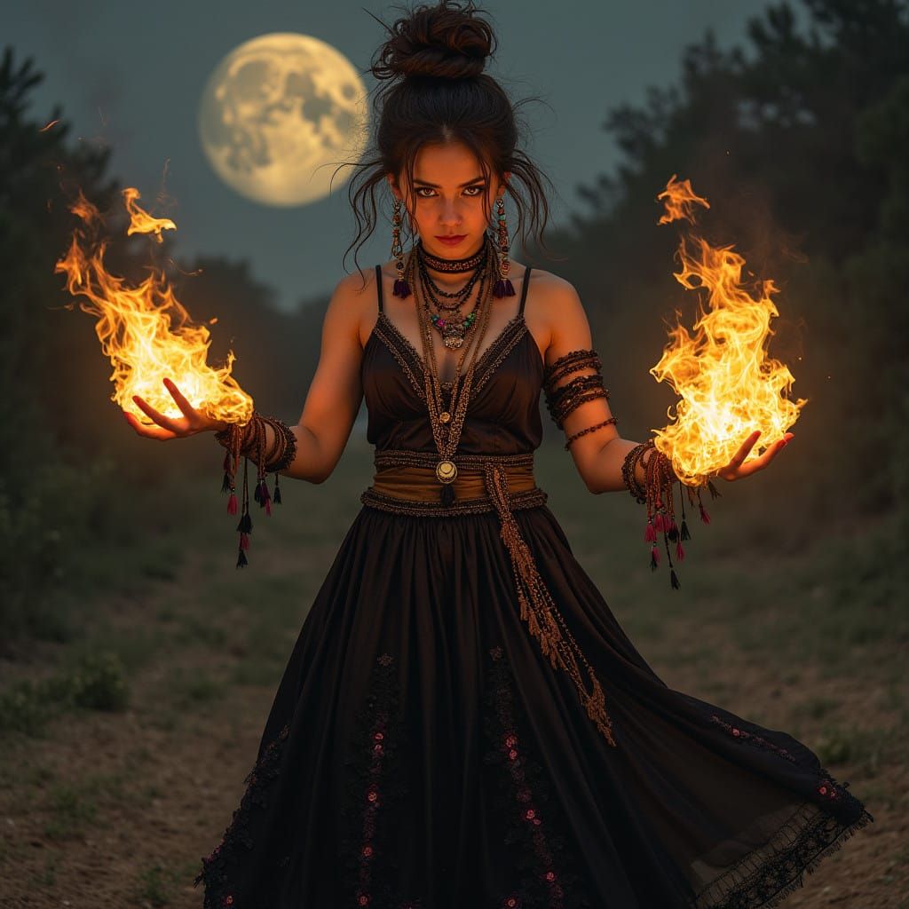 Gypsy Fire Dancer in Moonlit Shadows