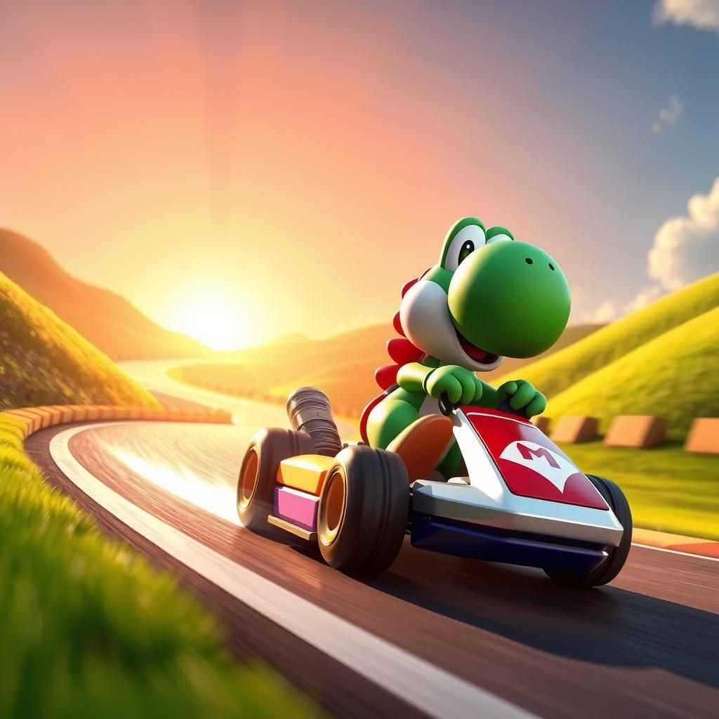 Mario Kart Yoshi riding stop the Bullet to gain 1st place af...