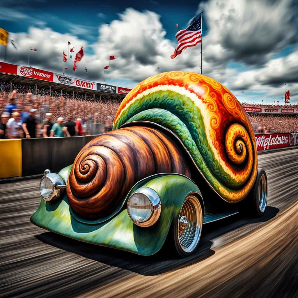 Snail Hotrod Car Races Down the Speedway