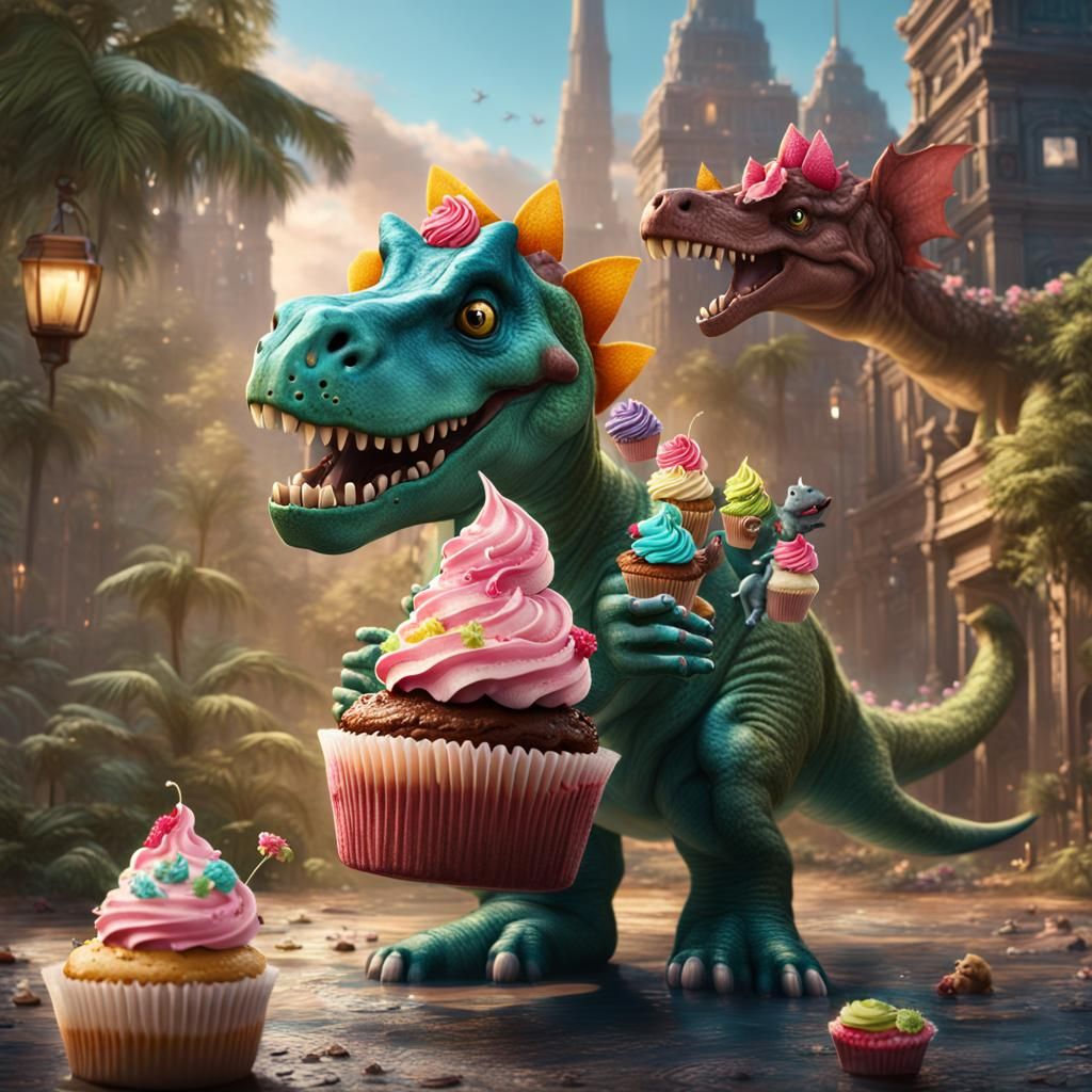 Dinosaur eating cupcakes
