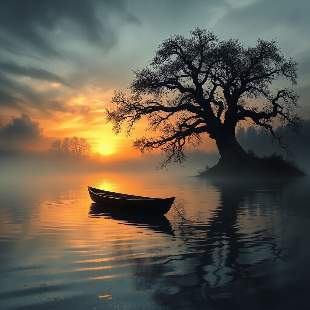 Misty Sunrise River with Lone Boat and Ancient Tree