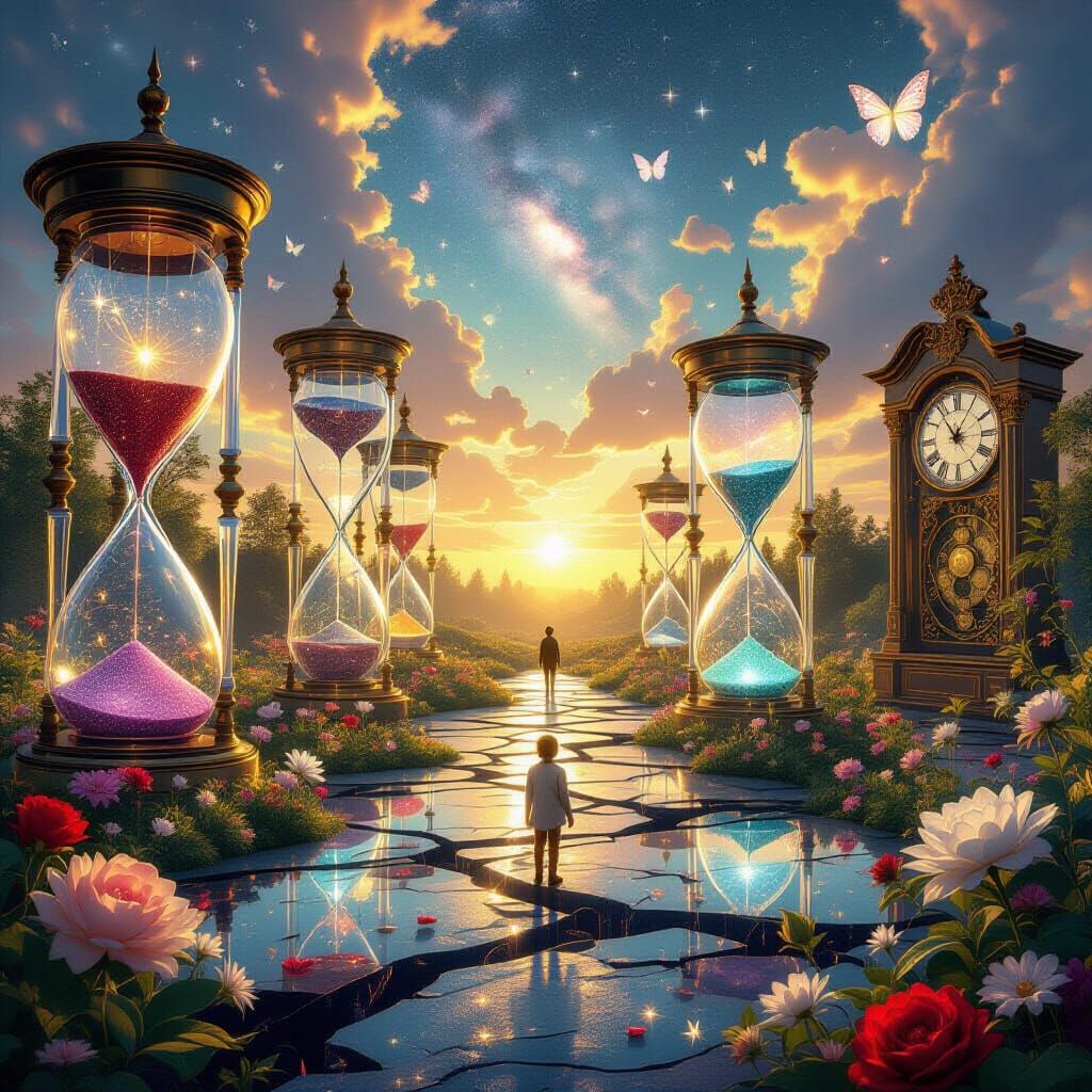 Crystal Trees and Cosmic Flowers in a Surreal Time Garden