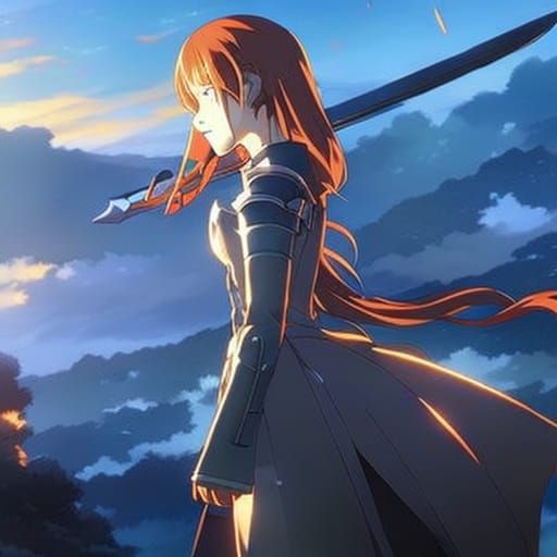 Anime Woman in Armor Under Dark Night Sky