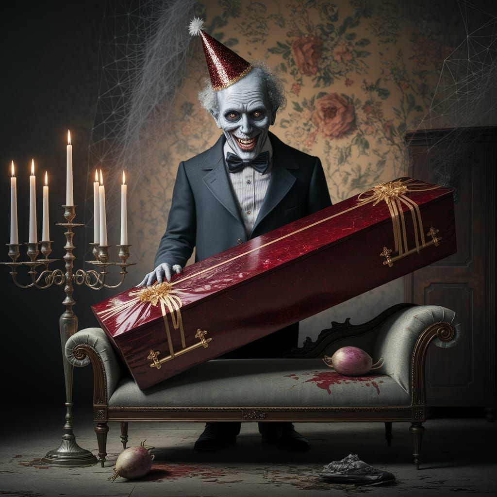 Ghoul Grinning at Gift-Wrapped Coffin in Victorian Parlor