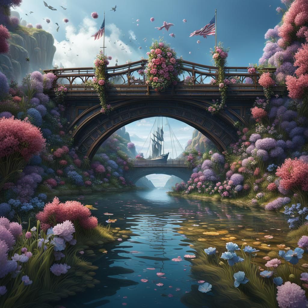Australian Bridge Scene with Flowers and Ship