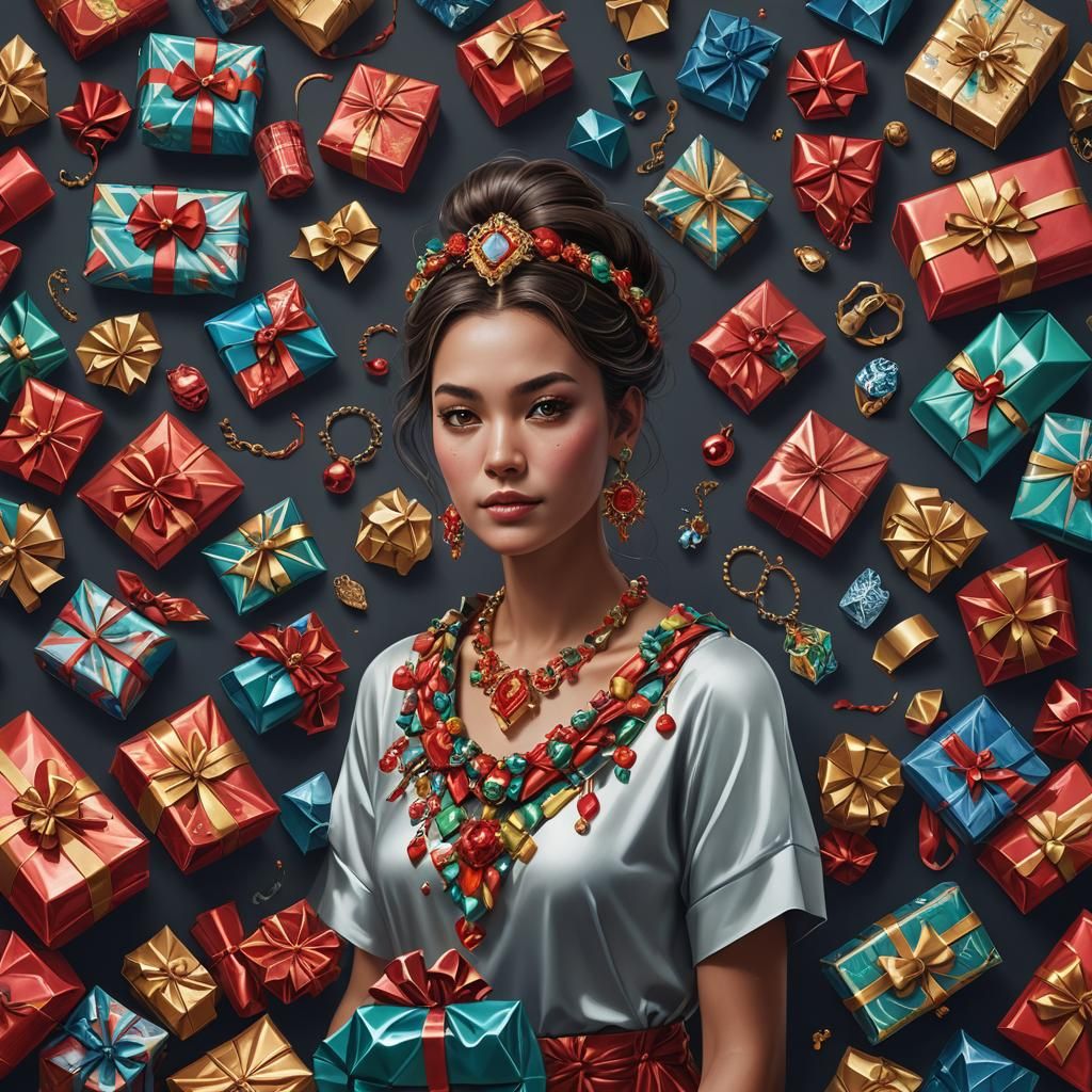 Woman in Gift Wrapper Jewellery: Fantasy Art