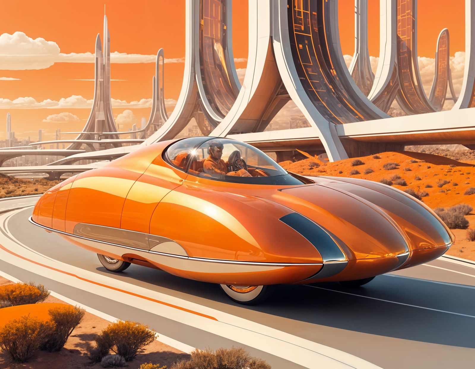 Retro-Futurist Sunliner Vehicle on Highway