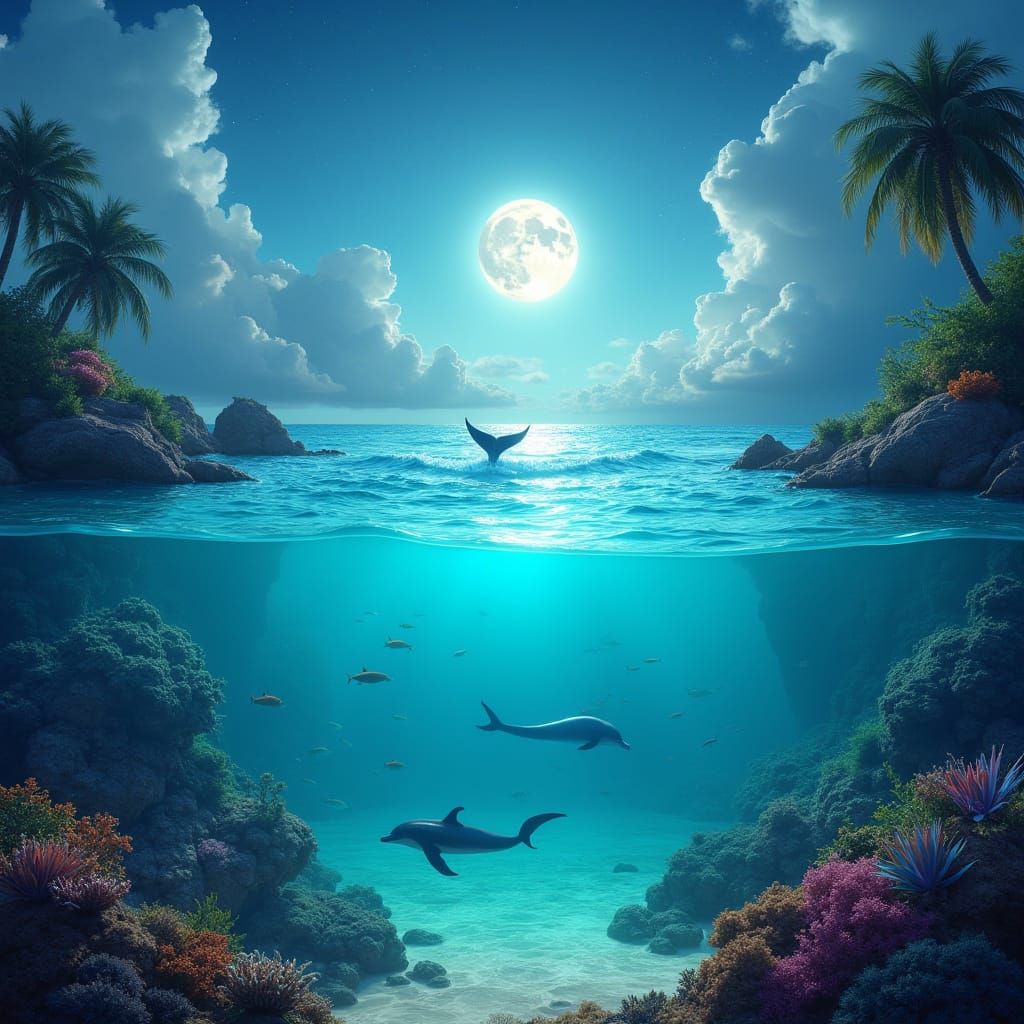Dreamlike Underwater Oasis Under Full Moon and Starry Caribb...