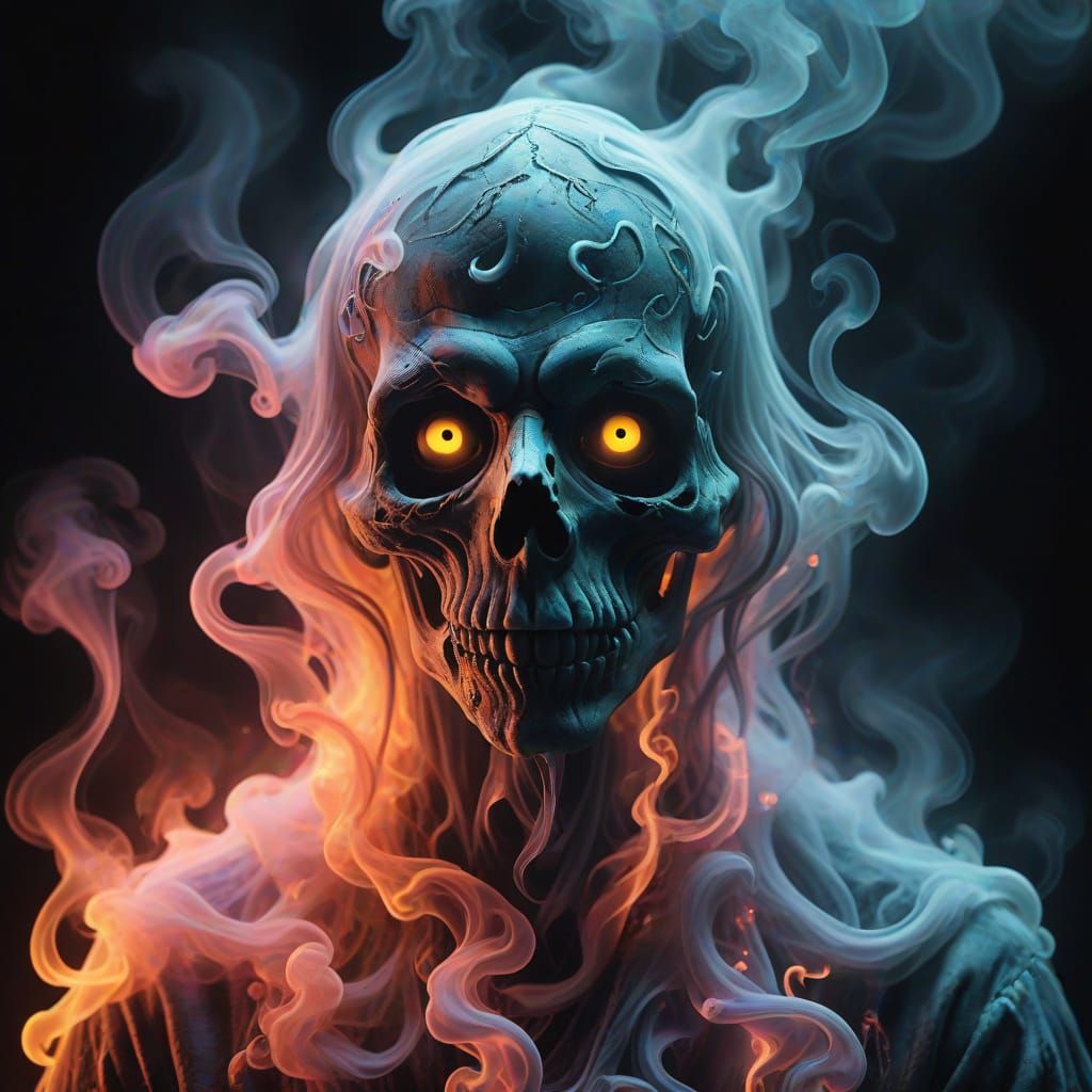 Ethereal Neon Smoke Ghost Portrait in Tim Burton Style