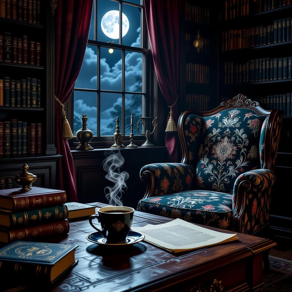 A cozy, dimly lit study filled with antique books and strang...