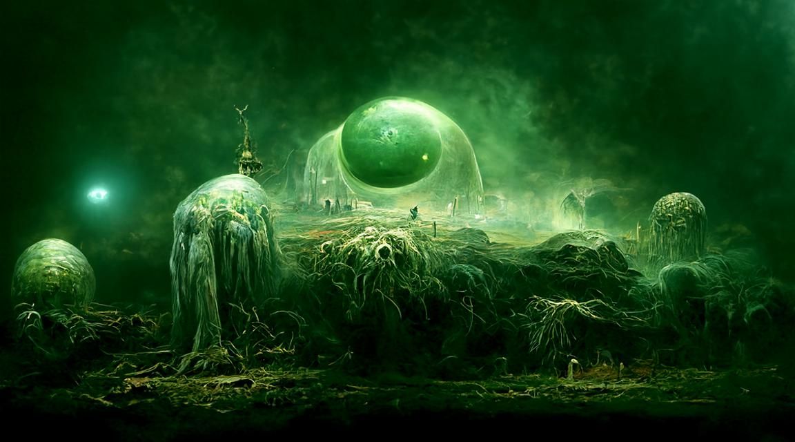 Eldritch Green Alien Landscape with Cosmic Ruins