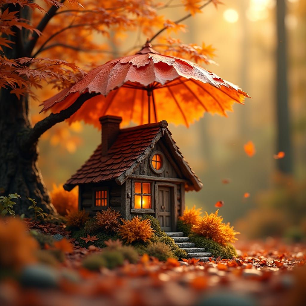 Cozy Miniature Autumn Cottage with Maple Leaf Umbrella