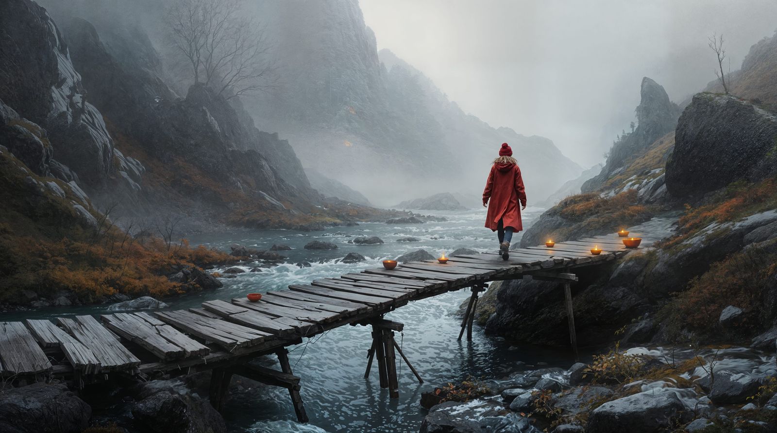 Impressionistic Woman Crossing Misty Mountain Bridge