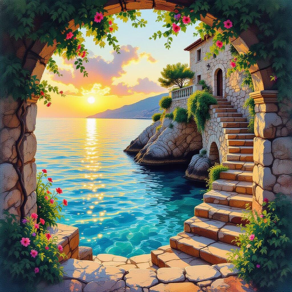 Hidden Mediterranean Cove With Ancient Steps at Sunset