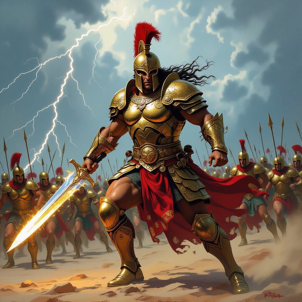 Utopian Warrior in Golden Armor Charges into Battle