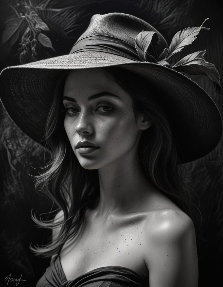 Dramatic Charcoal Portrait of Woman in Hat