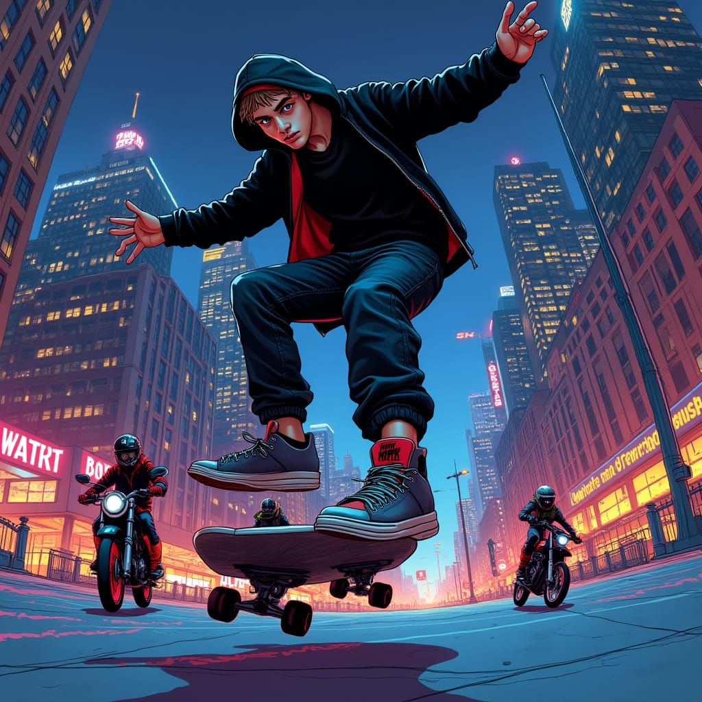 Skater Performing Tricks in Neon New York Night
