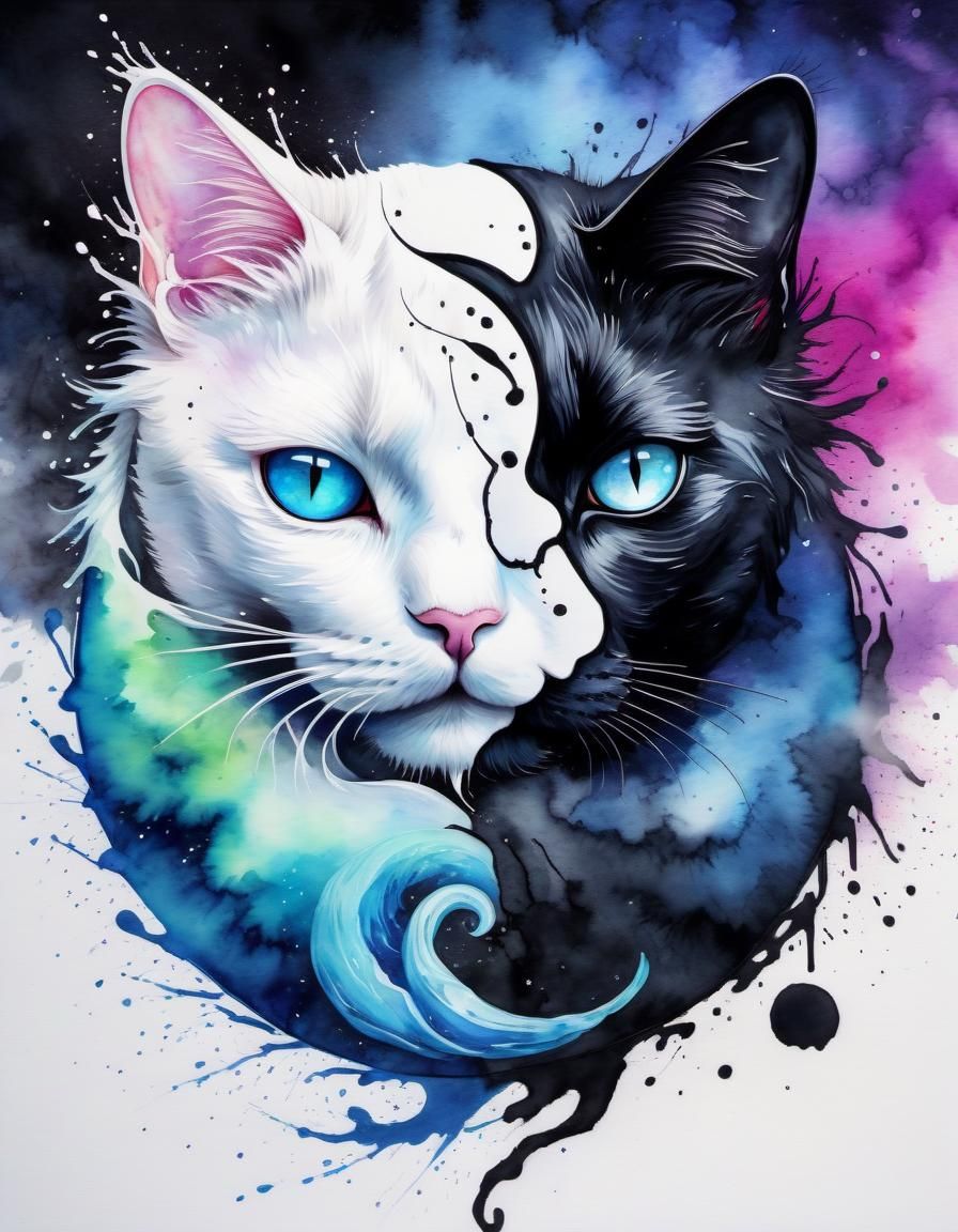 Yin and Yang Cats in Watercolour Ink Splatter