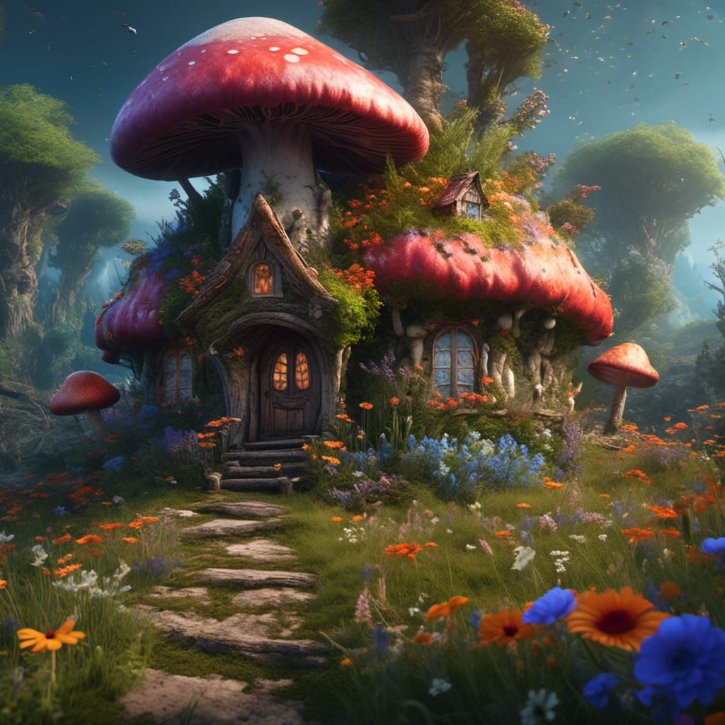 Mushroom House with Giant Flowers, Fantasy Concept Art