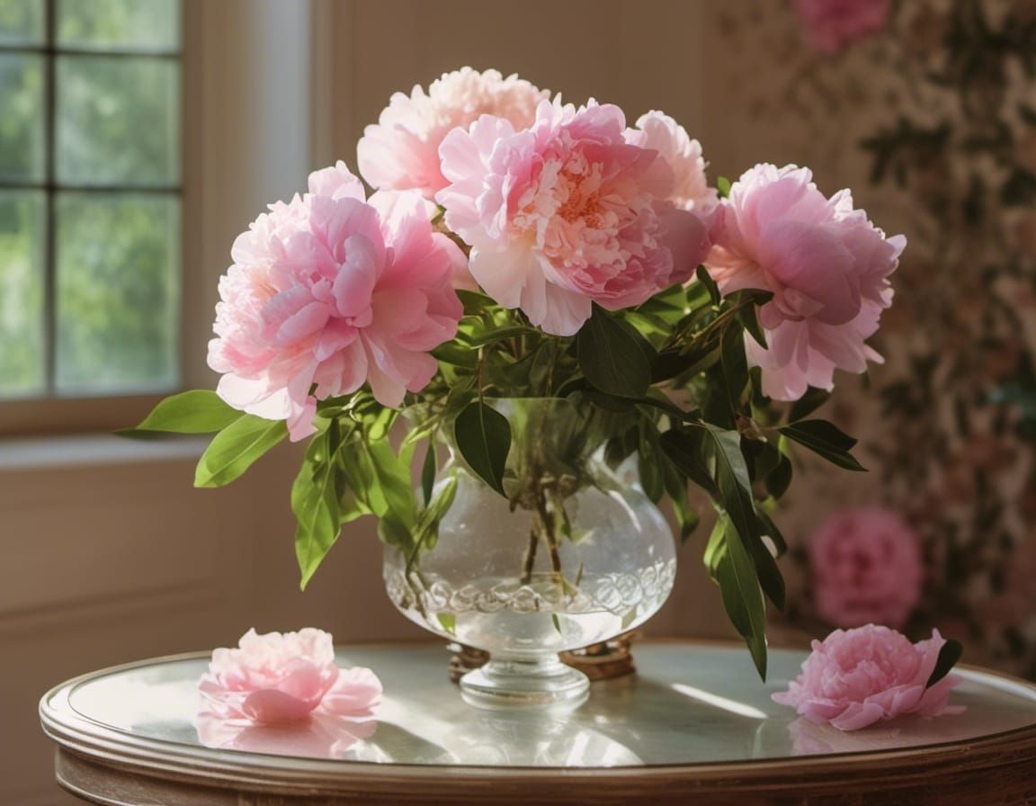 <lora:Flowers by Znarf:1.0> Pink peonies with greenery in a ...