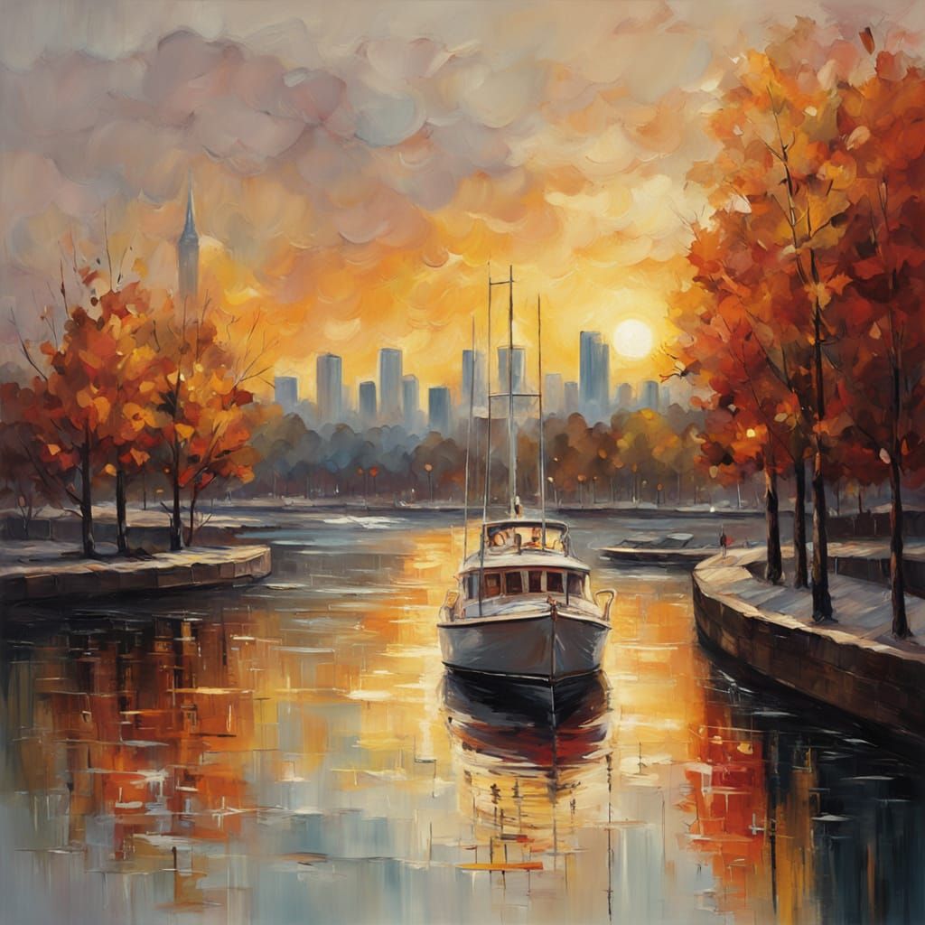 Vibrant Oil Painting of Yacht in Autumn Cityscape at Sunrise