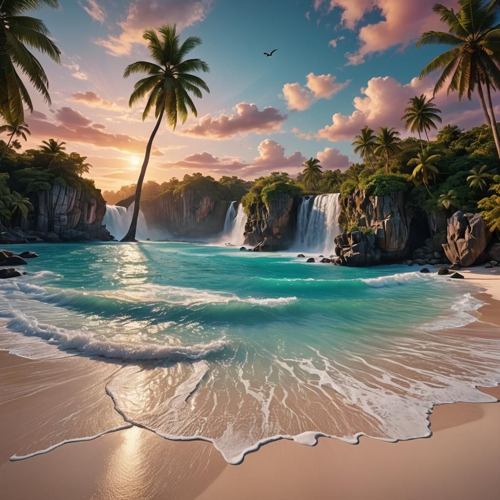 Tropical Island Paradise at Sunset, Wide Angle Shot