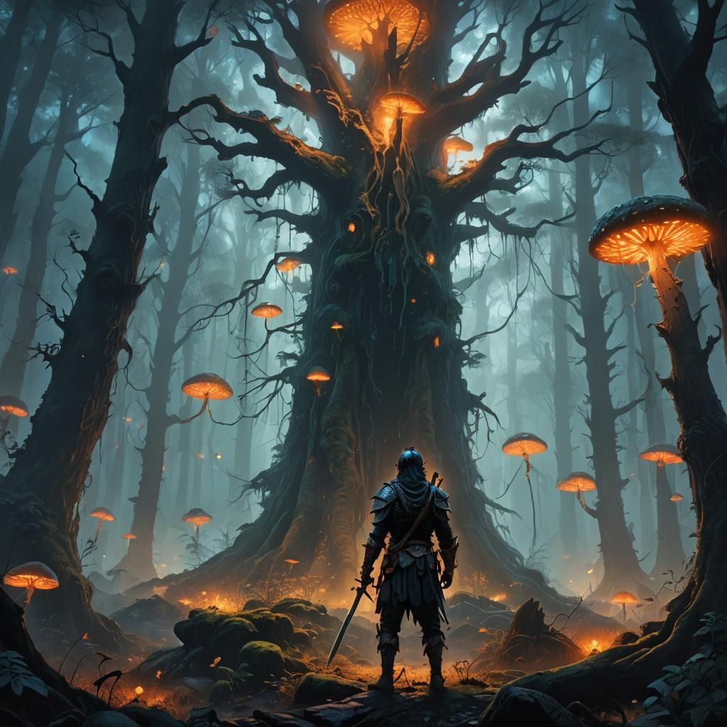Mystical Warrior in Dark Fantasy Forest Concept Art