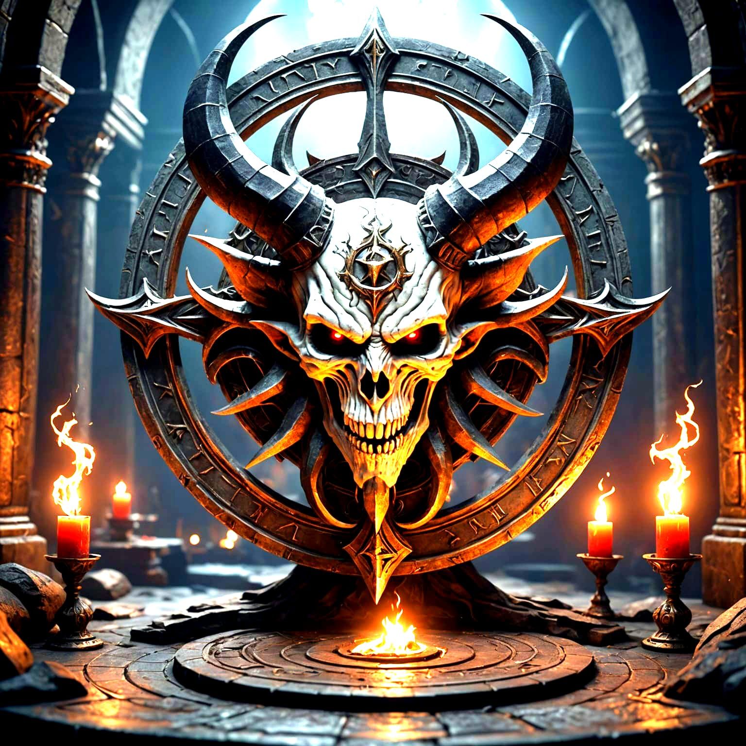 Evil Medallion on Satanic Altar, 3D Render