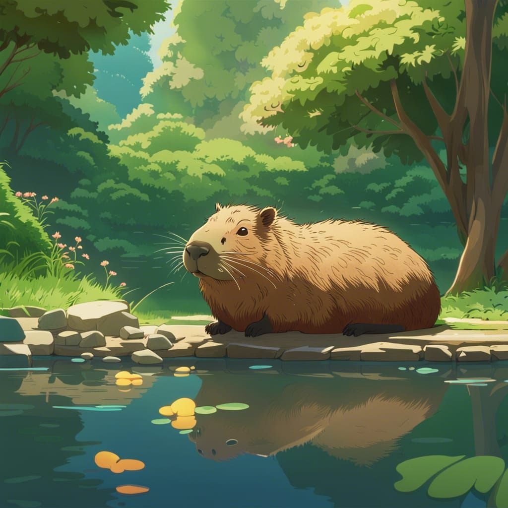 Capybara in Japanese Garden, Ghibli-Style