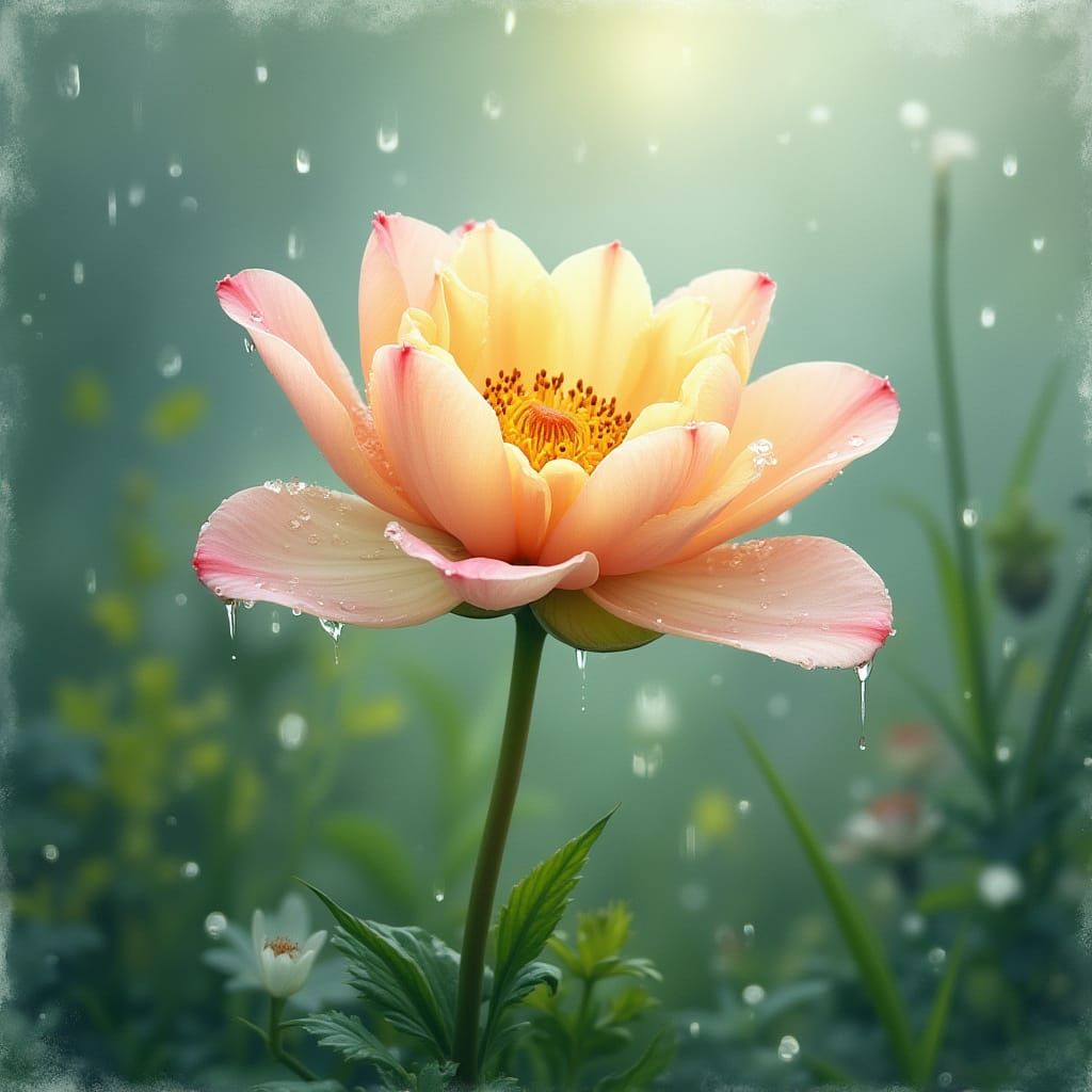 Impressionistic Flower Glistening in Gentle Rain