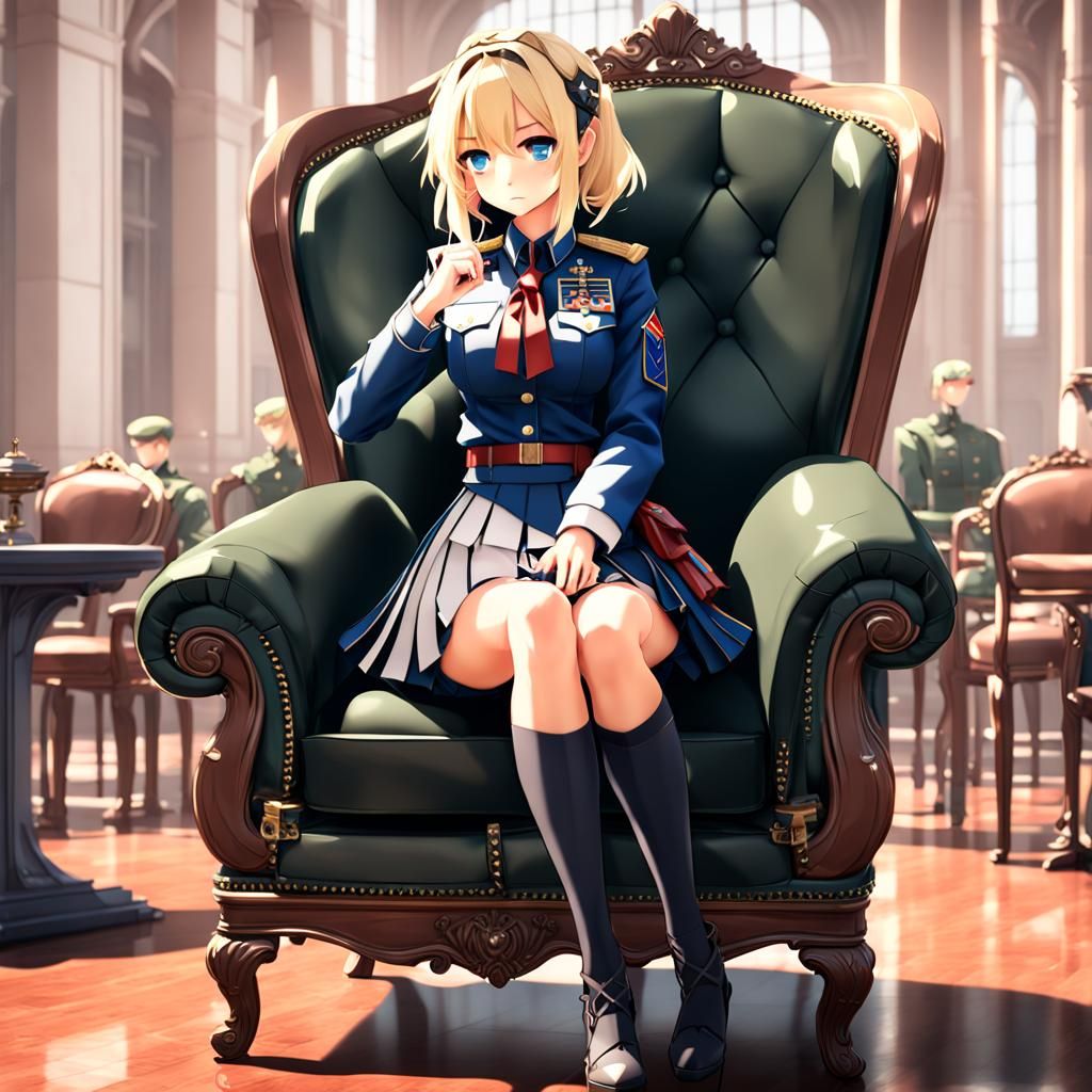 Annoyed blonde anime girl in military uniform with skirt sit...