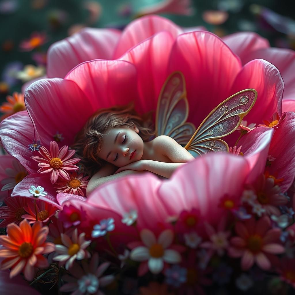 Dainty Fairy Sleeps in Surreal Flower Garden