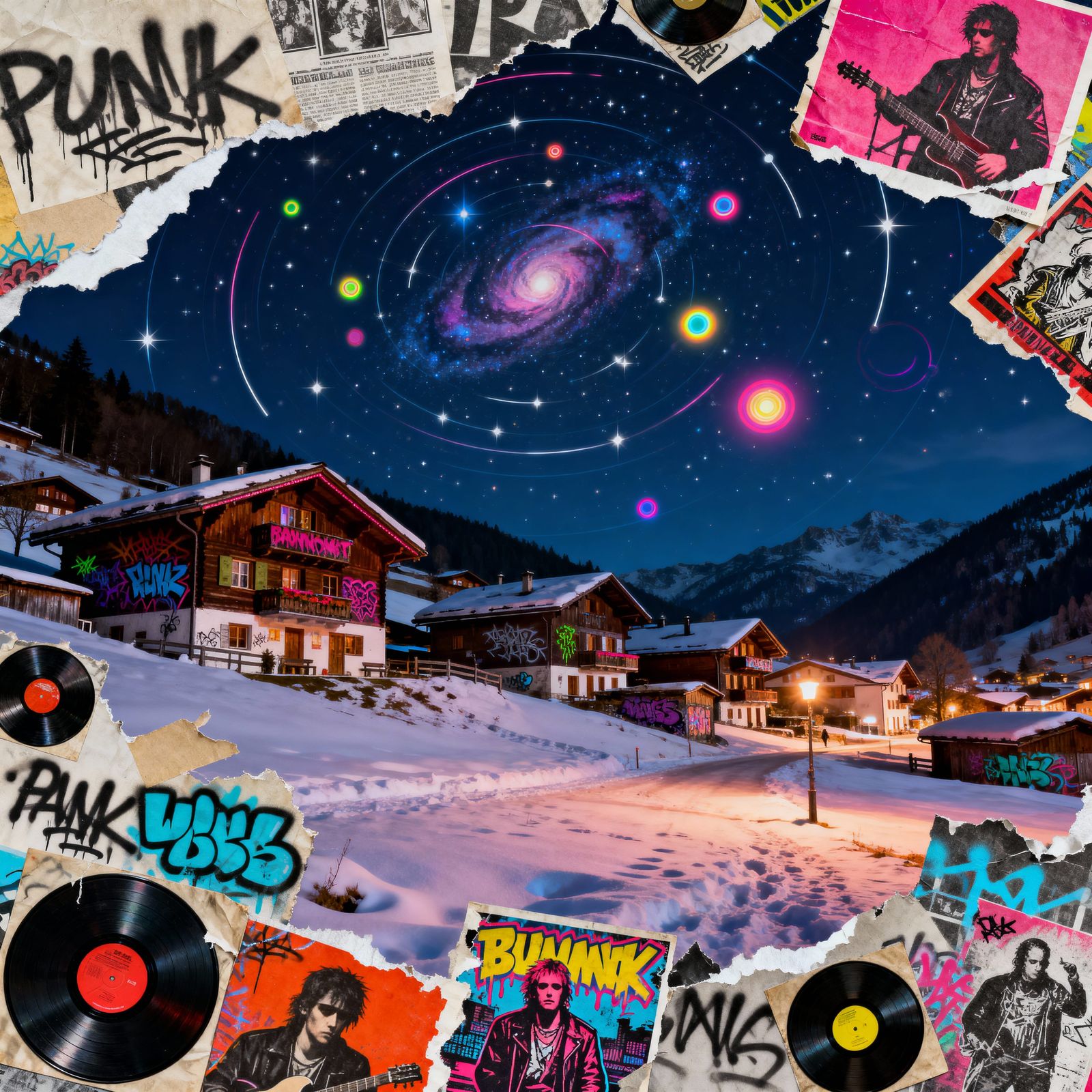 Punk Alpine Village Collage Under Starry Night Sky