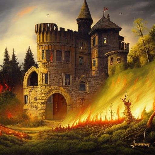 Dragon Demolishes Abandoned Castle: Oil Painting
