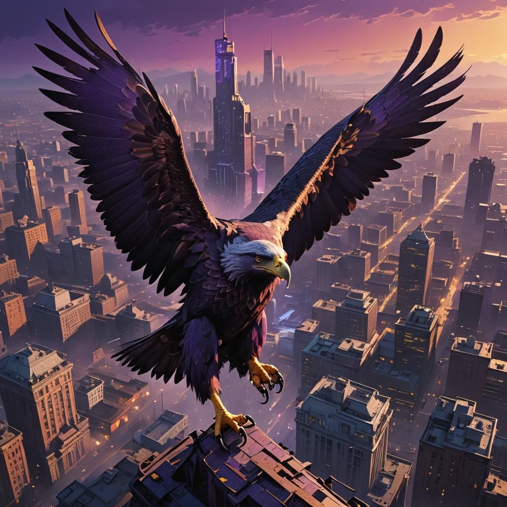 Majestic Purple Eagle Soaring Over Dark City