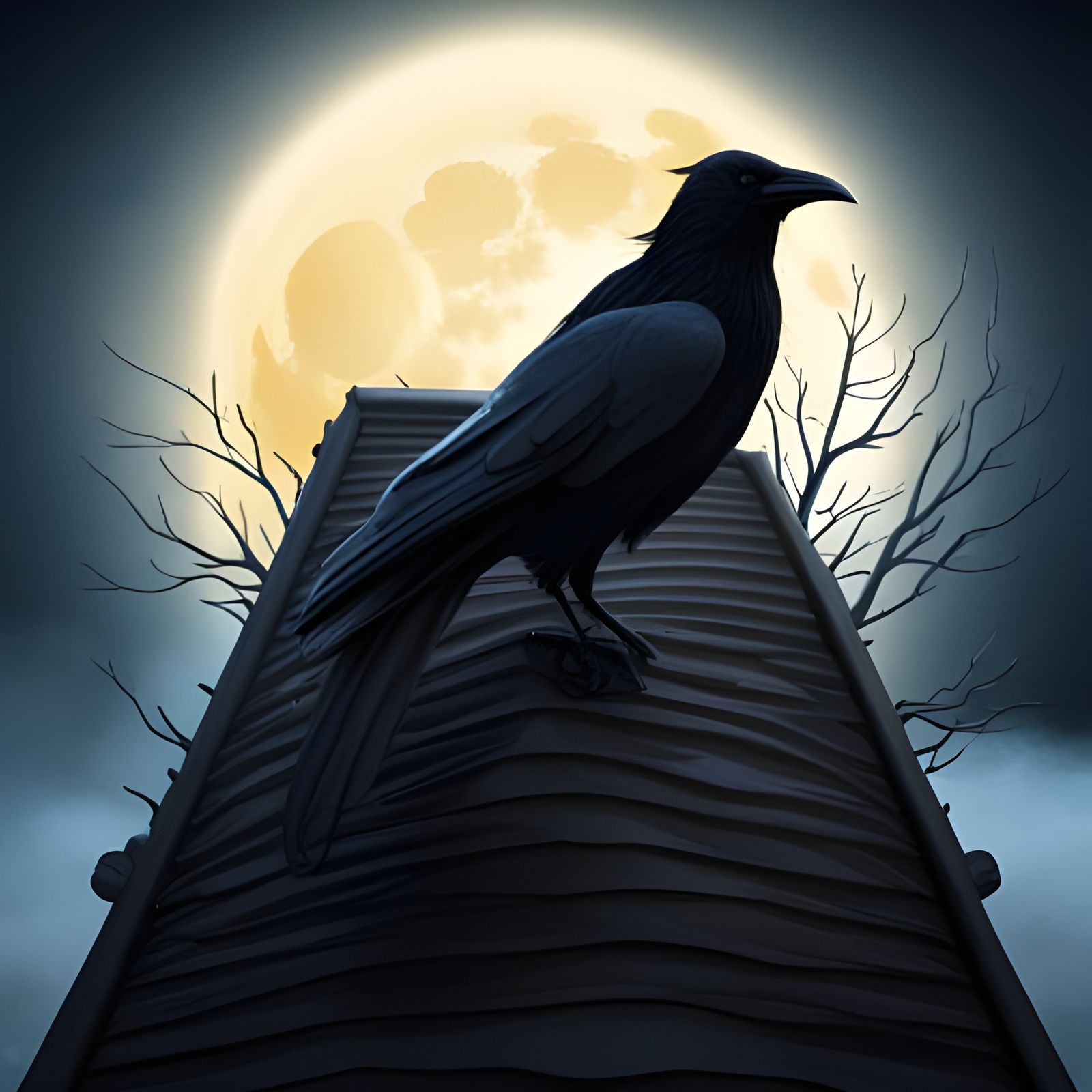 Raven on Roof in Moonlight: Fantasy Concept Art