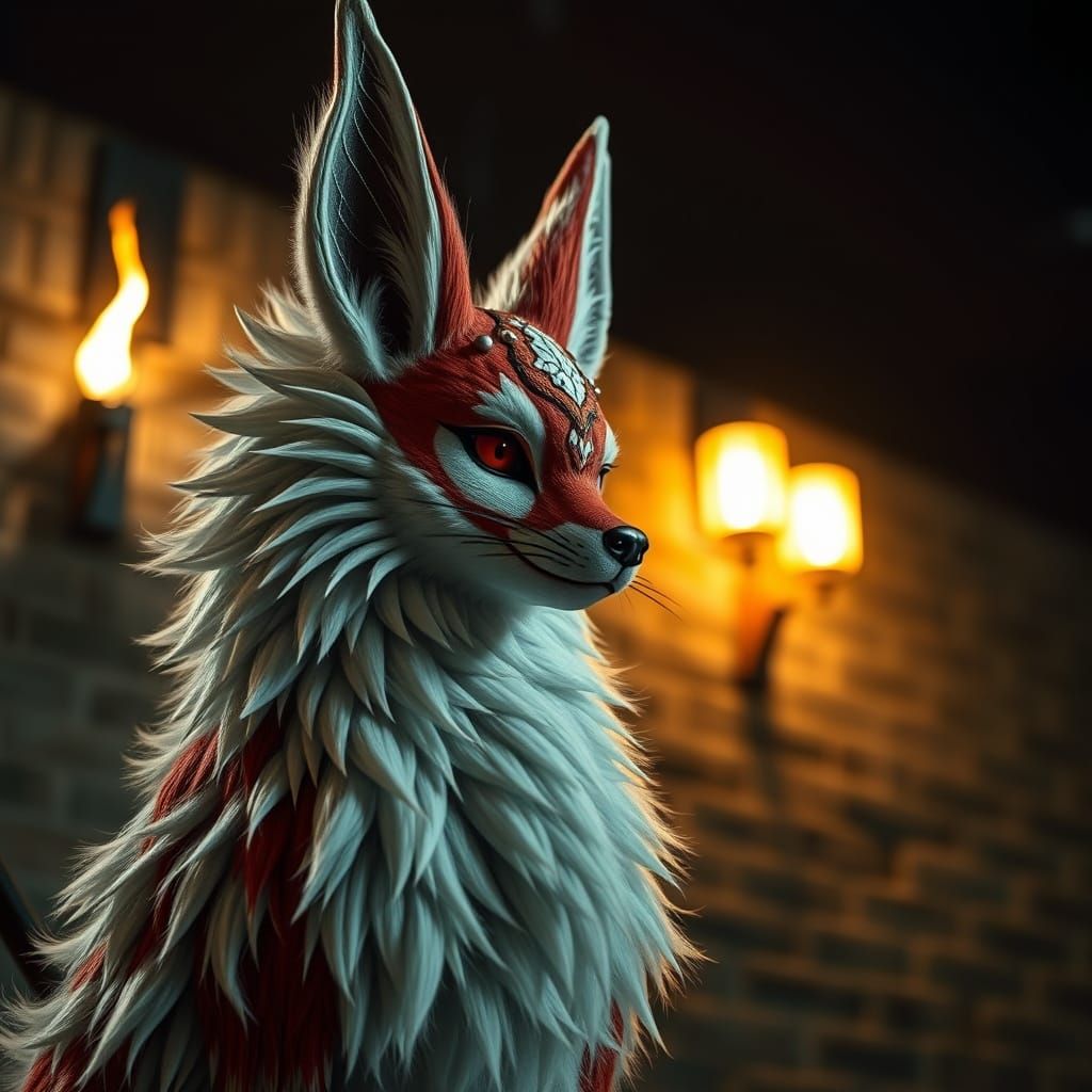 Surreal Kitsune Silhouette at Night, Lit by Flickering City ...